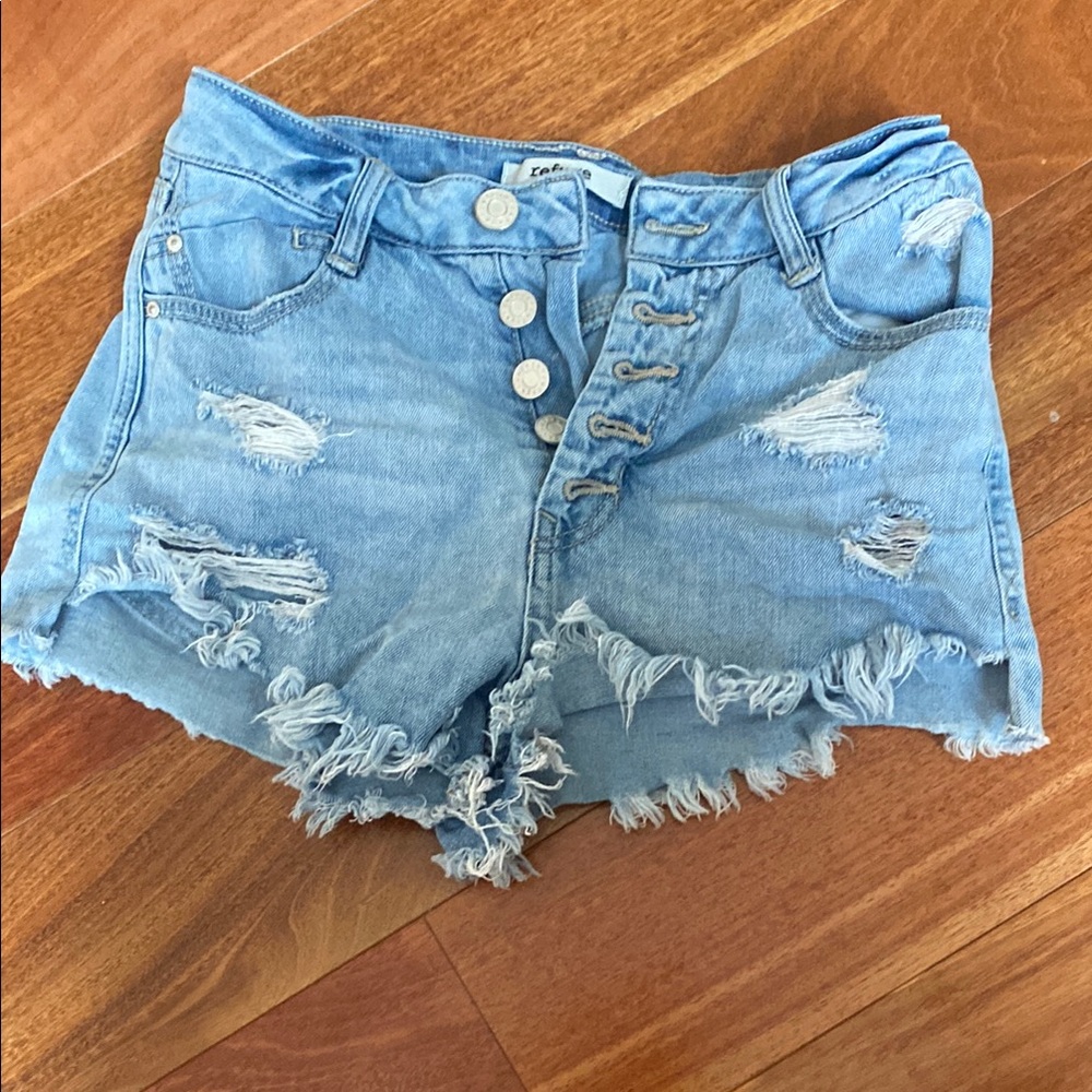 Refuge Blue Distressed Jean Shorts with Frayed Hem